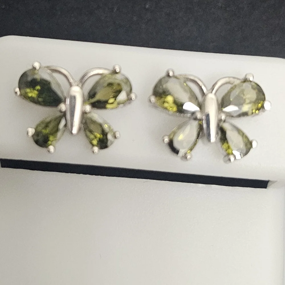 925 Sterling Silver Green Gem Stones Butterfly/ Dragonfly Post Back Earrings NEW
